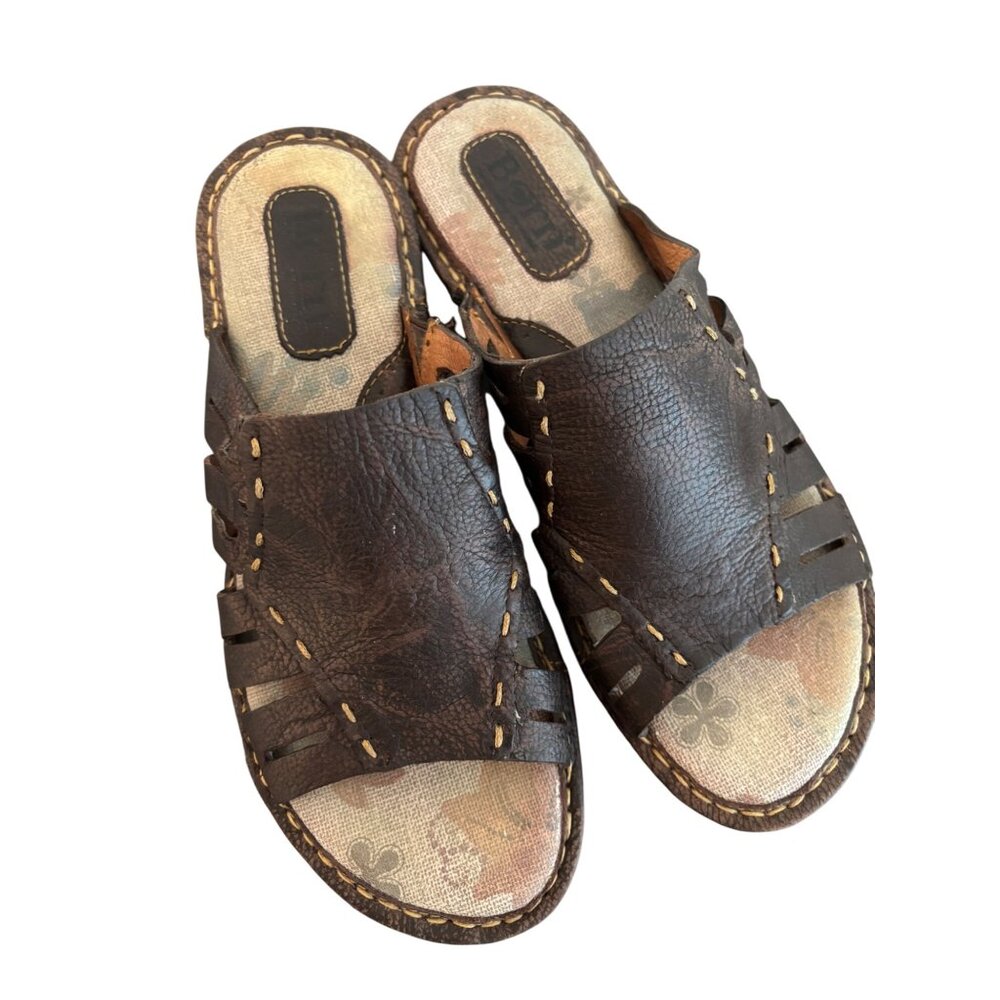 Born Laramie Full Grain Leather Dark Brown Slide Sandals Womens - Picture 2 of 10